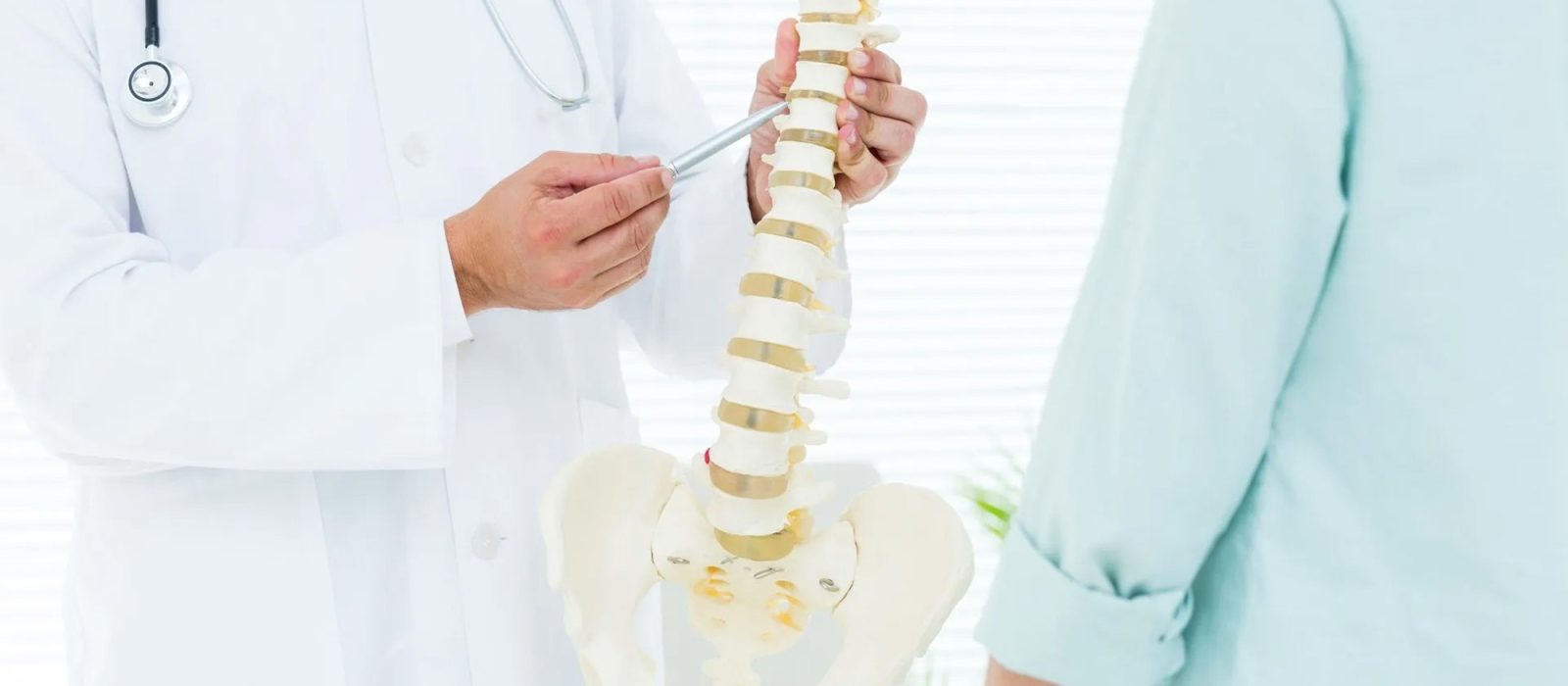 Medico señalando vertebras de la columna a un paciente